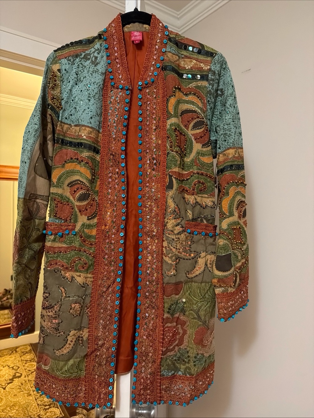 Embellished Patchwork Long Coat - Rust & Teal size S